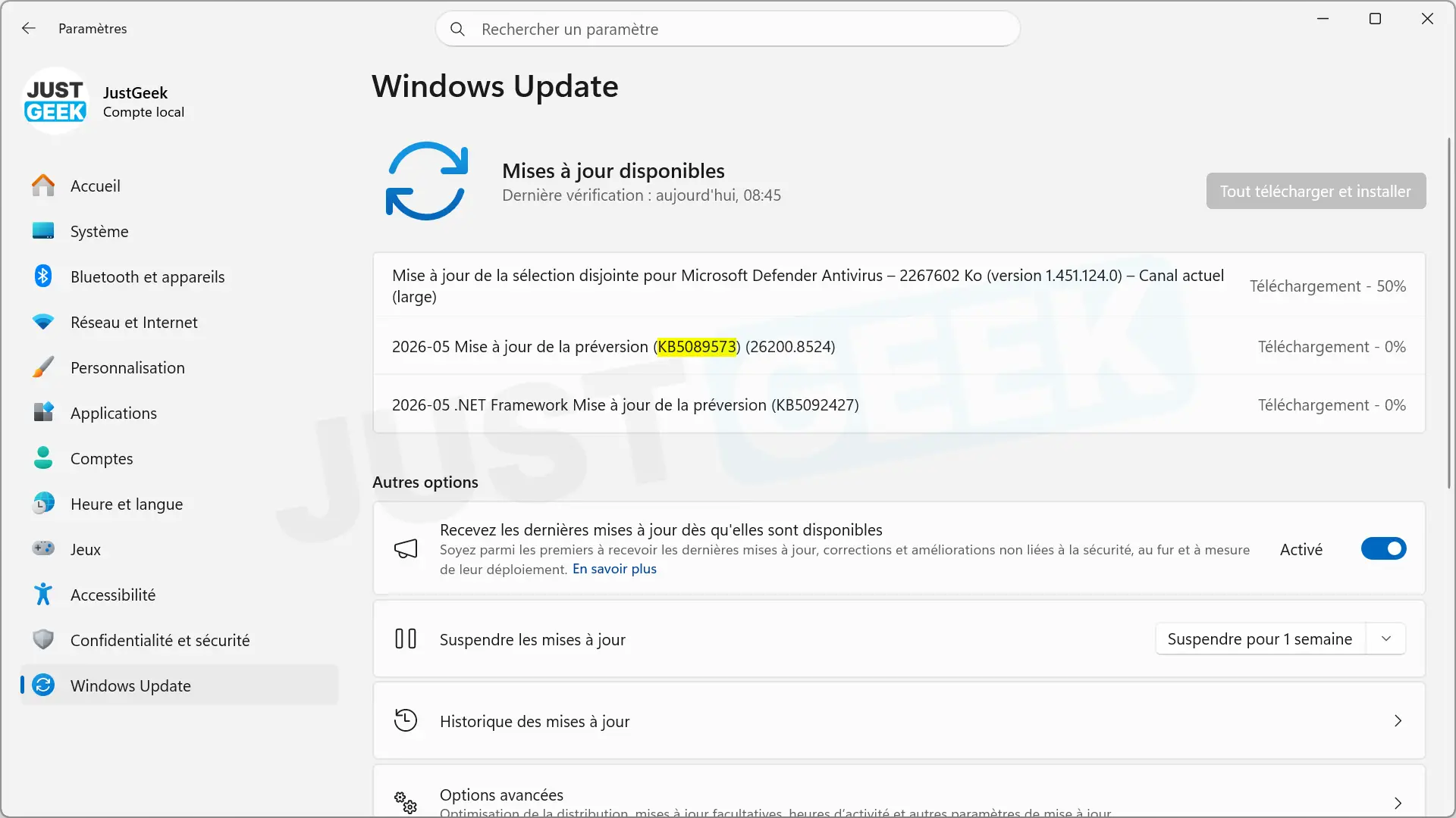 Aperçu de la mise à jour KB5089573 disponible dans Windows Update sur Windows 11