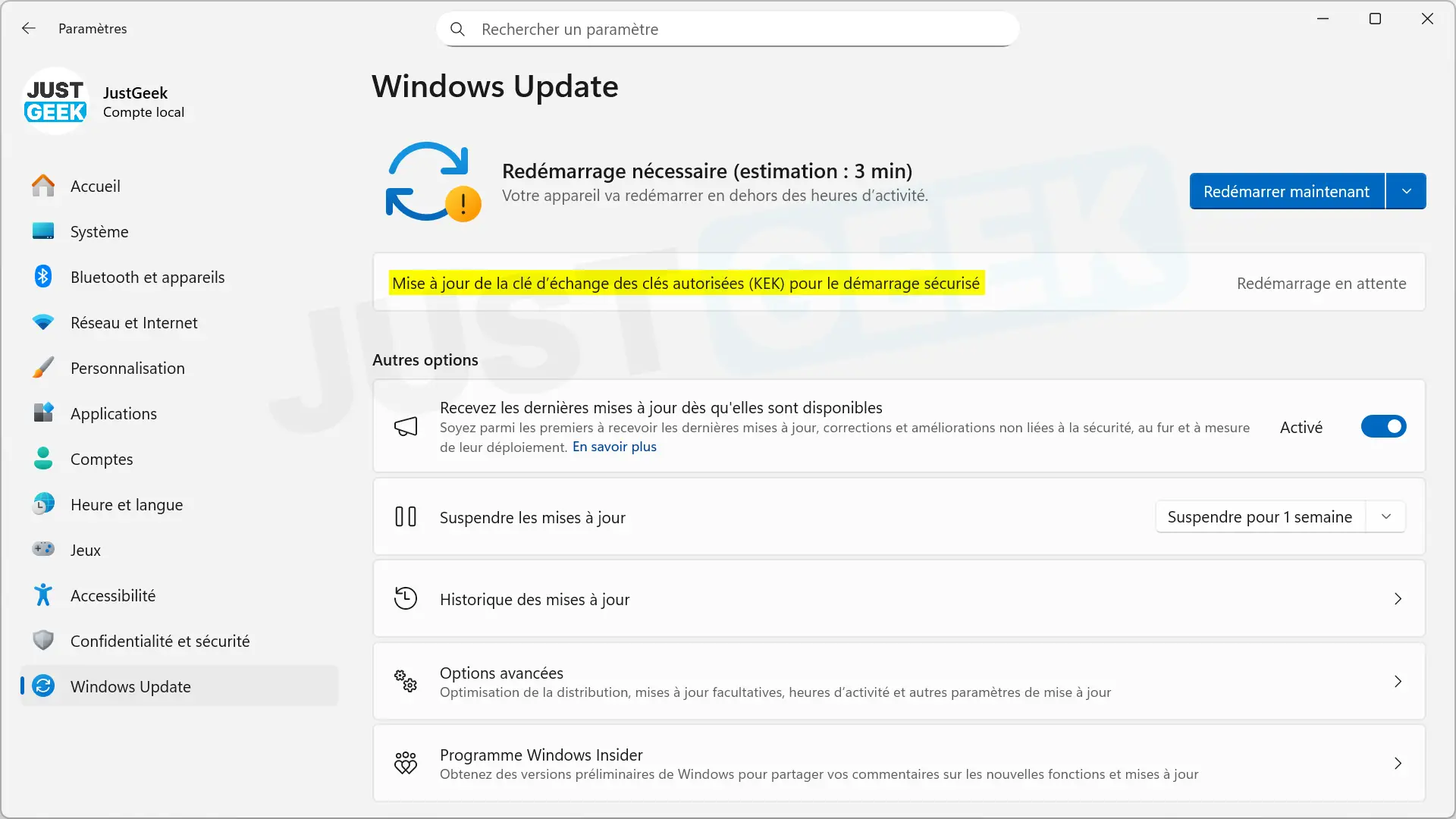 Windows Update installant une mise à jour de clé KEK Exchange pour le démarrage sécurisé sur Windows 11