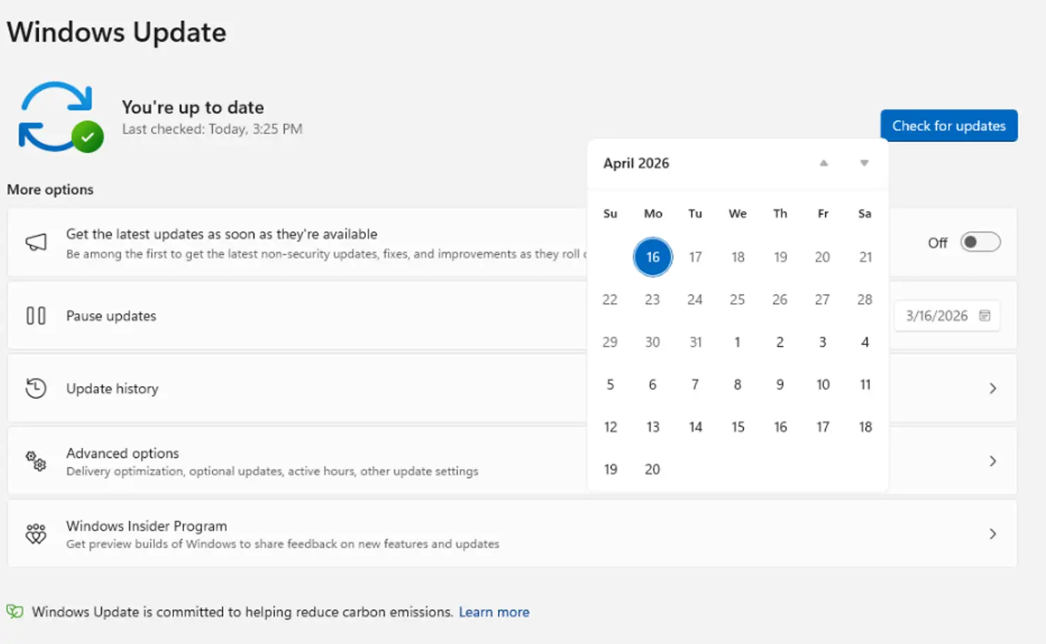 Windows Update - Nouvelle interface de calendrier pour choisir la date de reprise des mises à jour