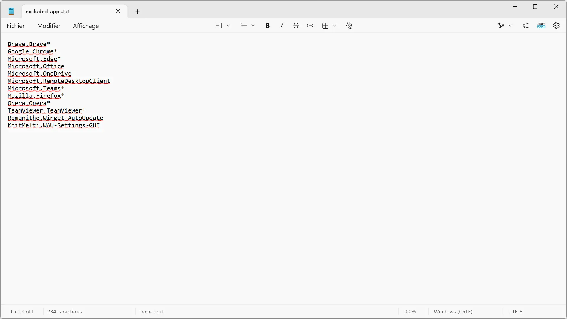 Fichier WAU exclus_apps.txt avec la liste des applications exclues des mises à jour automatiques