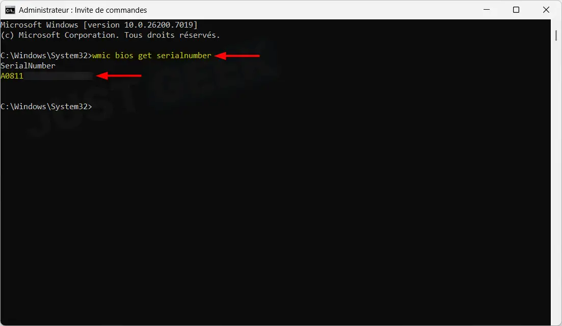 Commande WMIC dans l'invite de commande pour afficher le numéro de série du PC