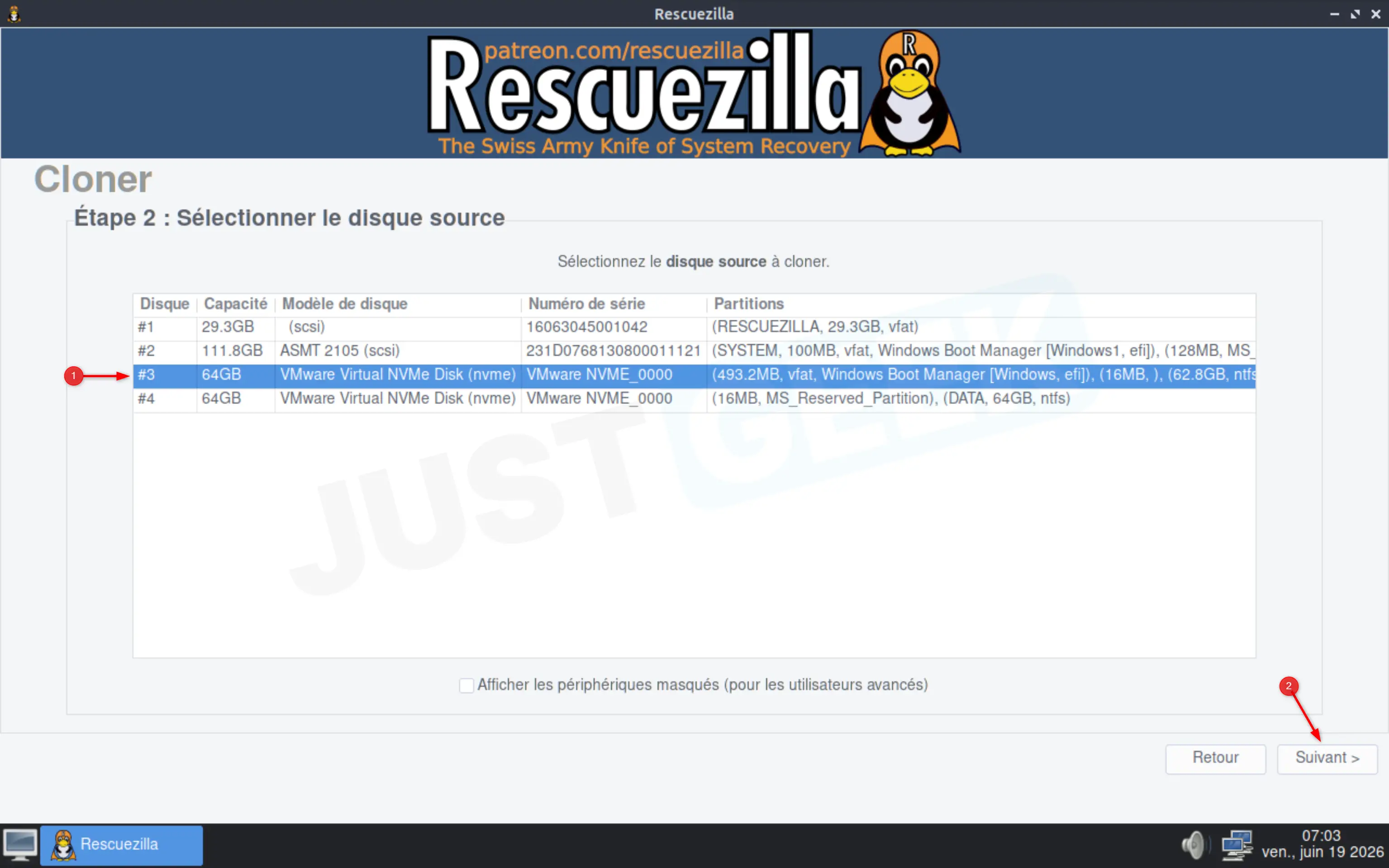 Sélection du disque source à cloner dans Rescuezilla