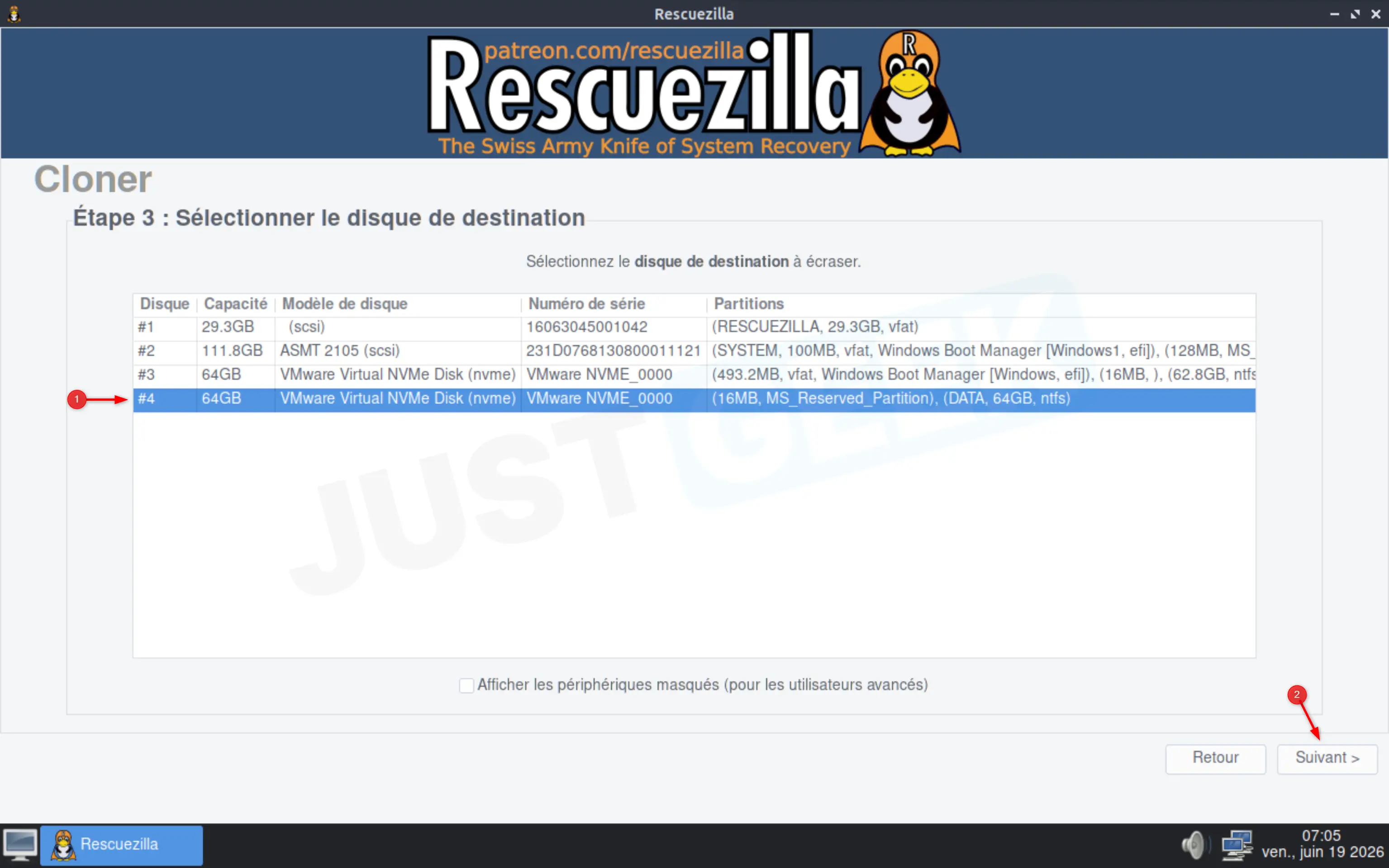 Choisir le disque de destination pour le clonage dans Rescuezilla