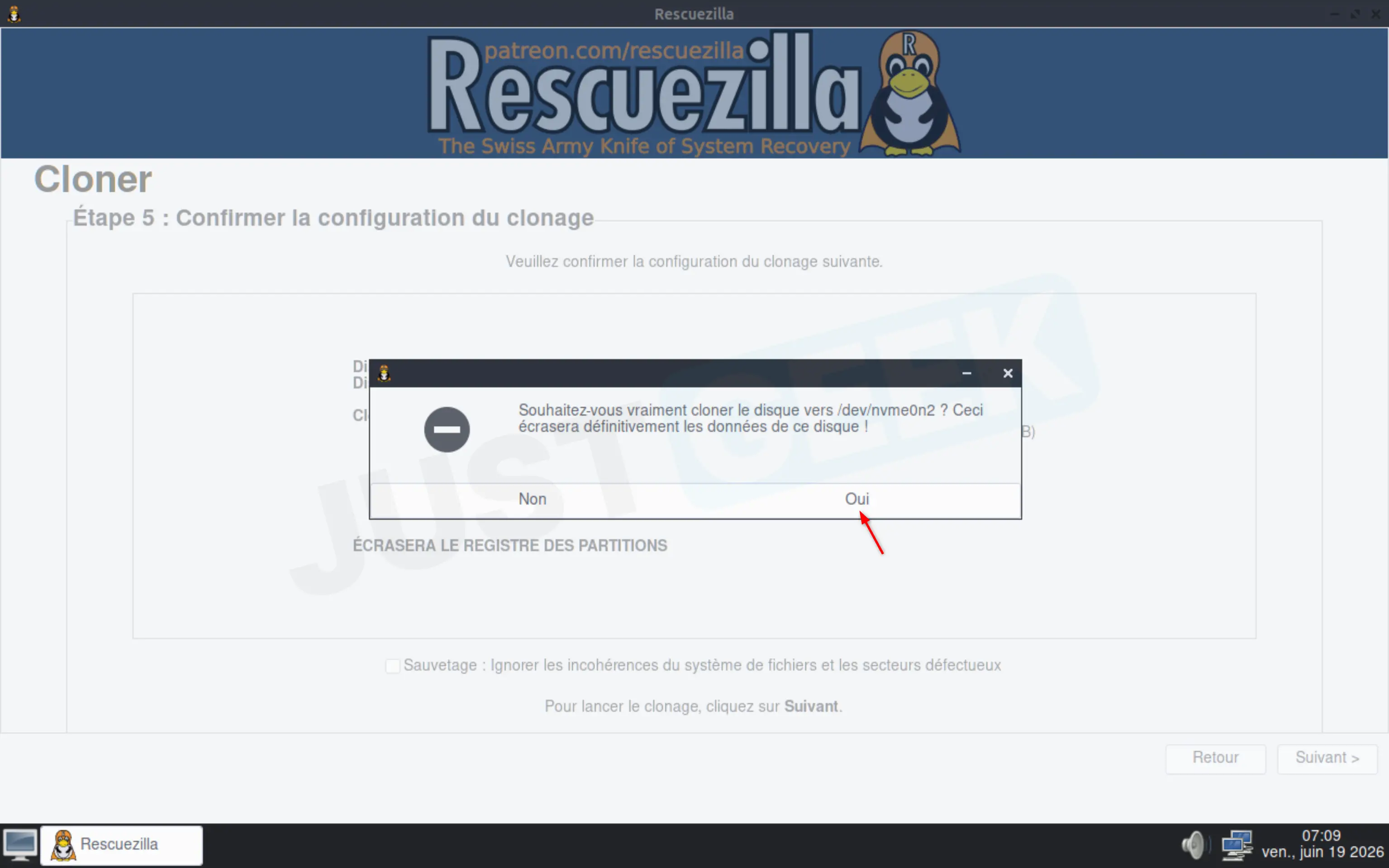 Message de confirmation avant d'écraser le disque de destination dans Rescuezilla