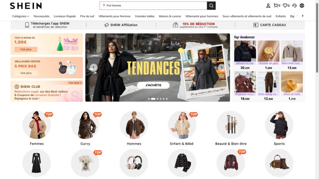 Accueil de la page Shein
