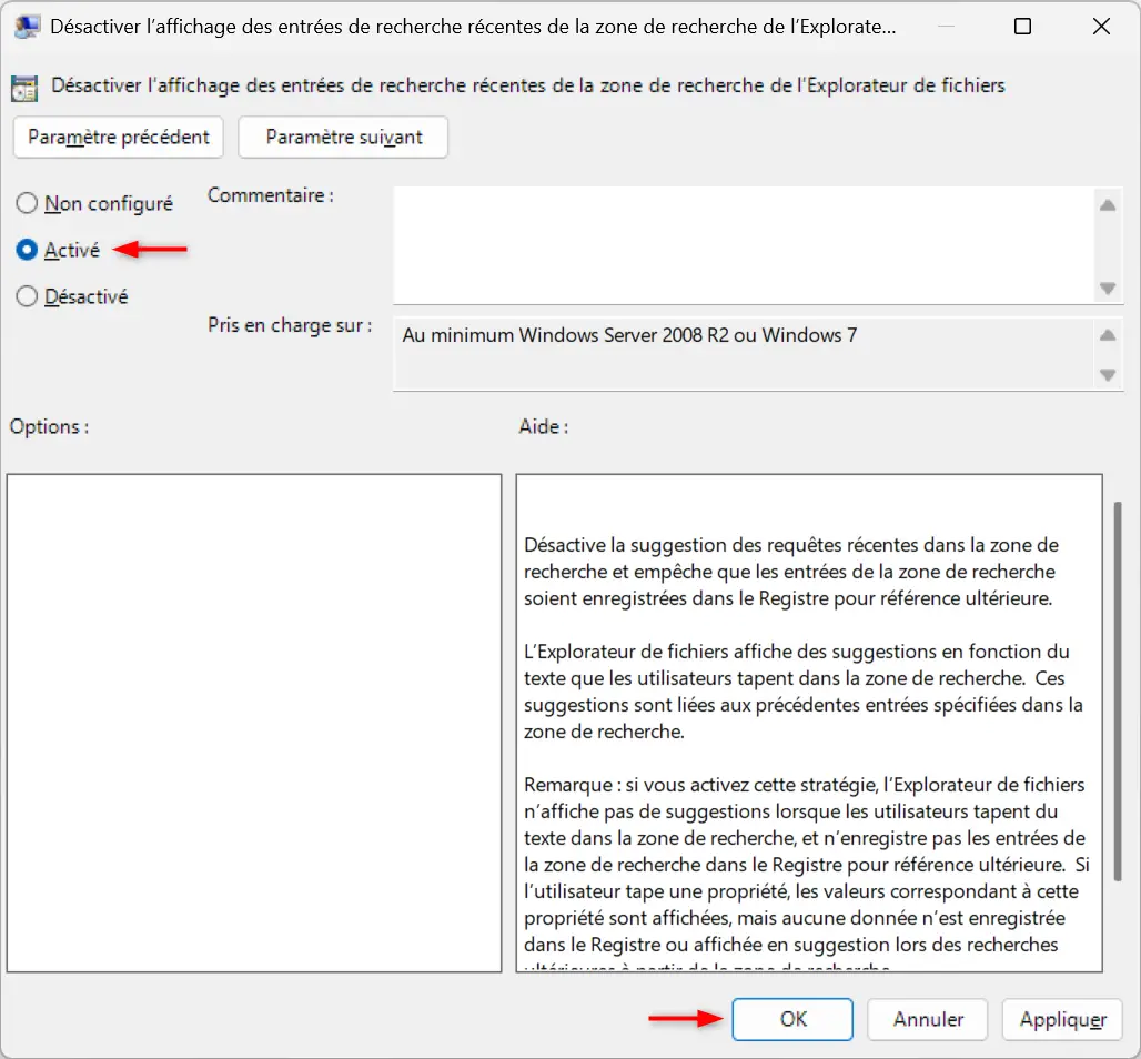 Activation de la stratégie de groupe pour désactiver les recherches Web Bing dans Windows 11