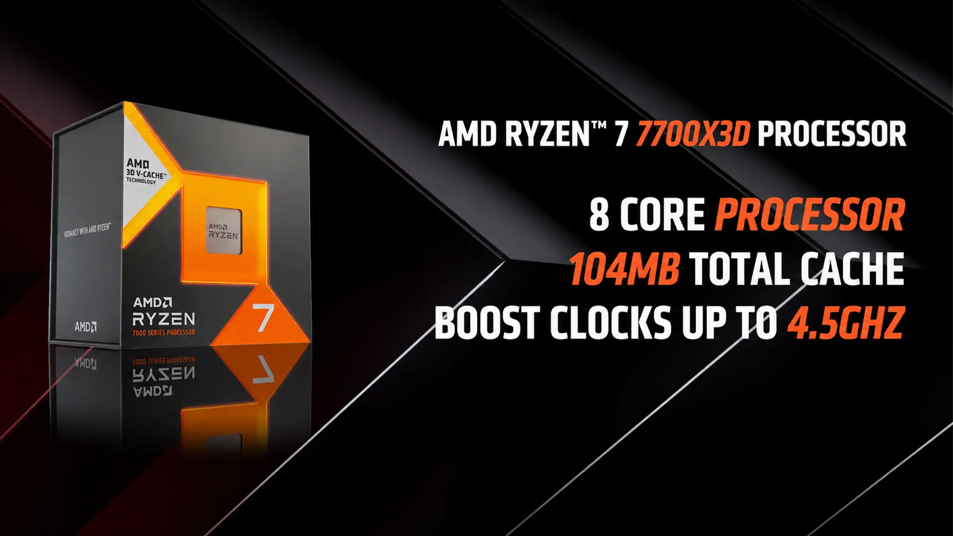 AMD Ryzen 7 7700X3D avec ses principales caractéristiques techniques : 8 cœurs, 104 Mo de cache et fréquence boost jusqu'à 4,5 GHz