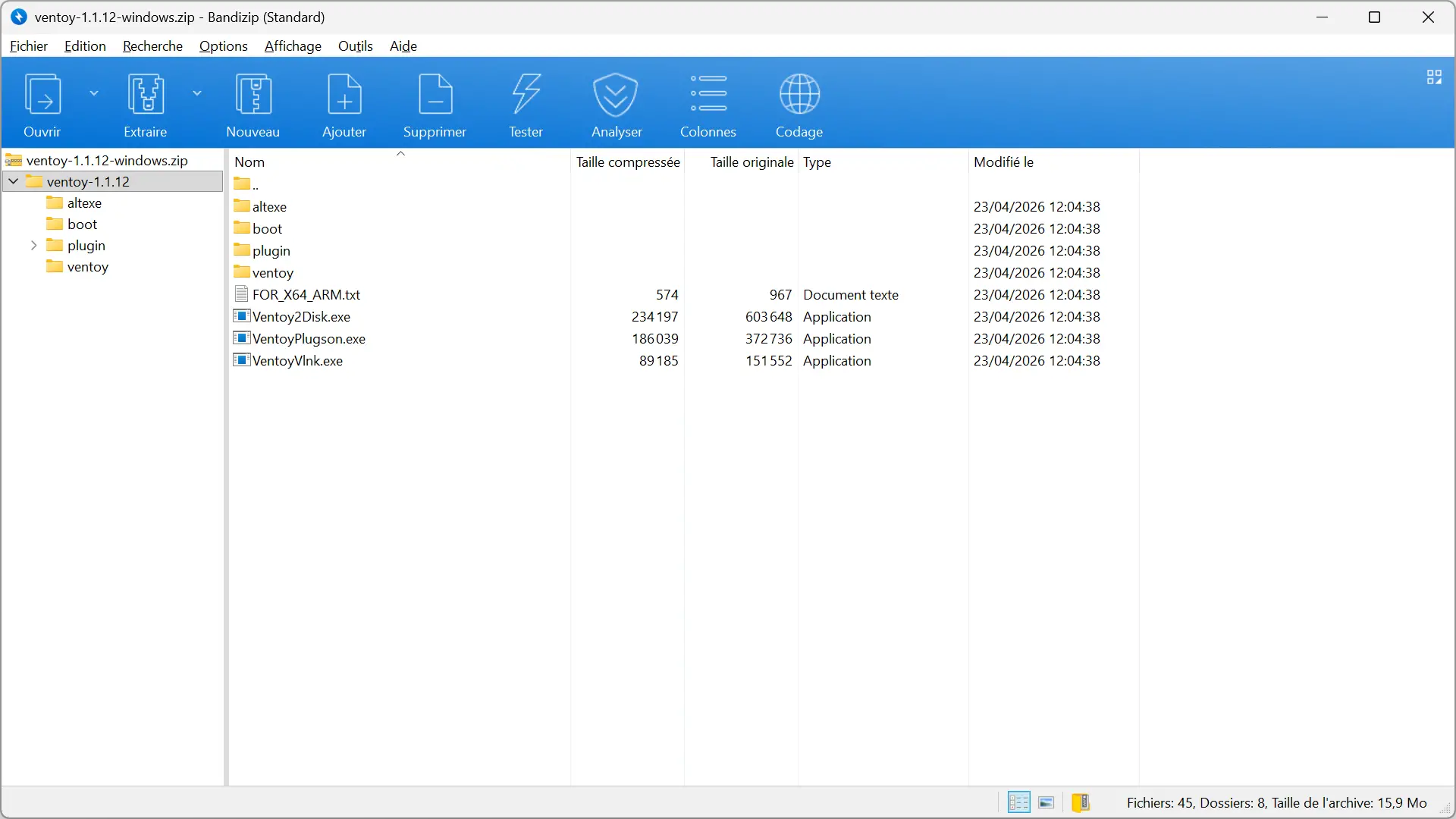 Interface Bandizip affichant le contenu d'une archive ZIP sous Windows avant d'extraire les fichiers