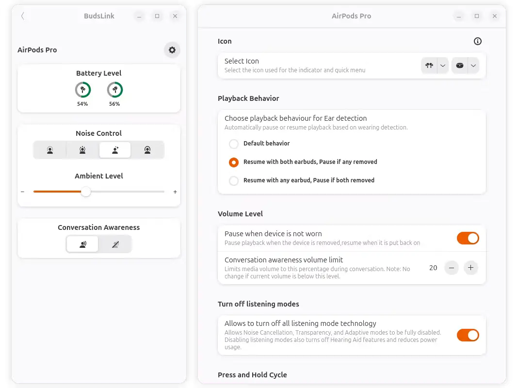 Interface BudsLink avec paramètres AirPods Pro, batterie, réduction active du bruit et mode Conversation Awareness