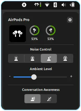 BudsLink Companion affichant le niveau de batterie et les paramètres des AirPods Pro dans GNOME sous Linux