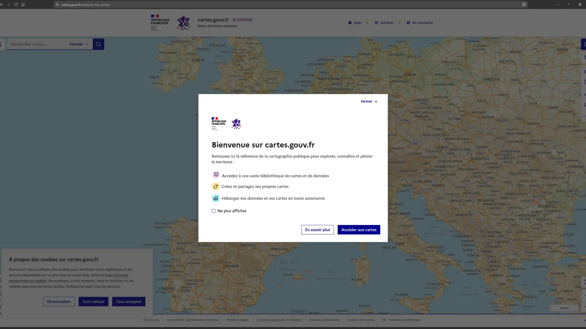Écran d'accueil de Cartes.gouv.fr présentant les principales fonctionnalités de la plateforme.