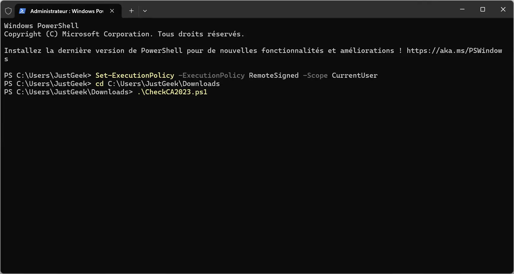 Lancement du script CheckCA2023.ps1 dans PowerShell en mode administrateur sous Windows 11