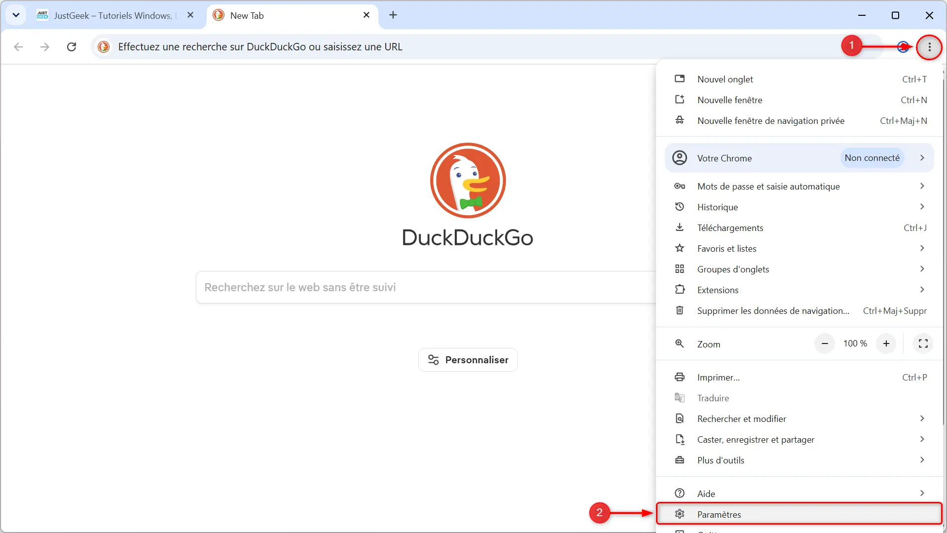 Ouverture des paramètres de Google Chrome depuis le menu principal du navigateur