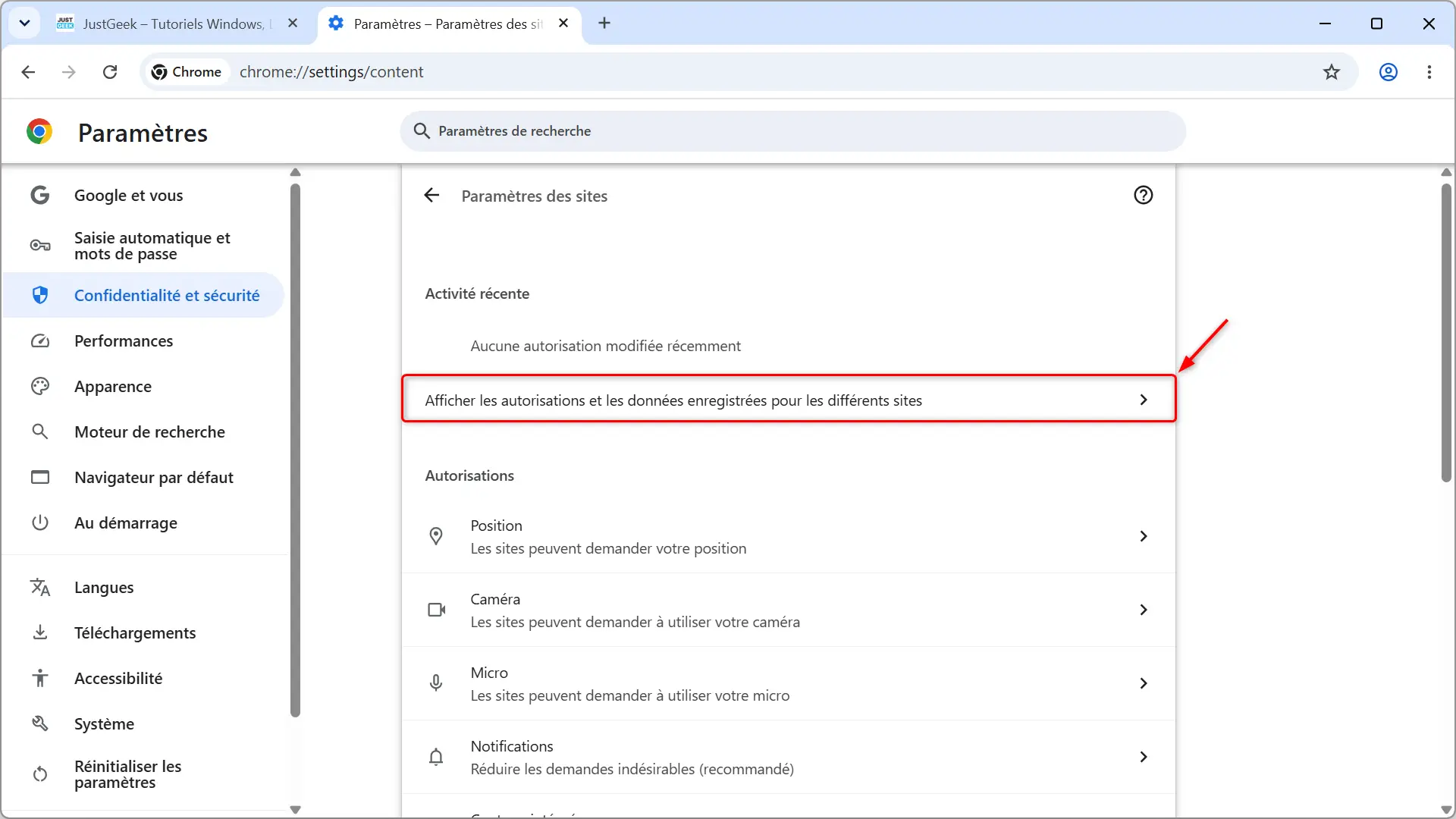 Option pour afficher les autorisations et les données enregistrées pour différents sites dans Google Chrome