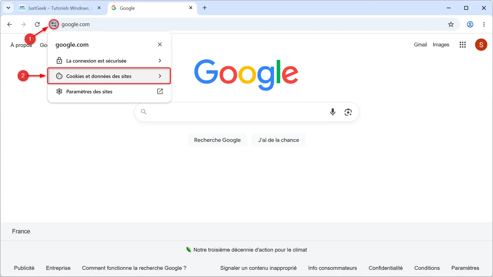 Ouverture du menu « Cookies et données du site » depuis la barre d'adresse de Google Chrome