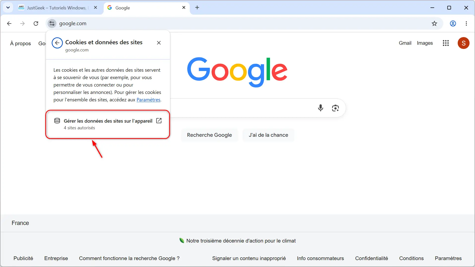Option « Gérer les données du site sur l'appareil » dans Google Chrome