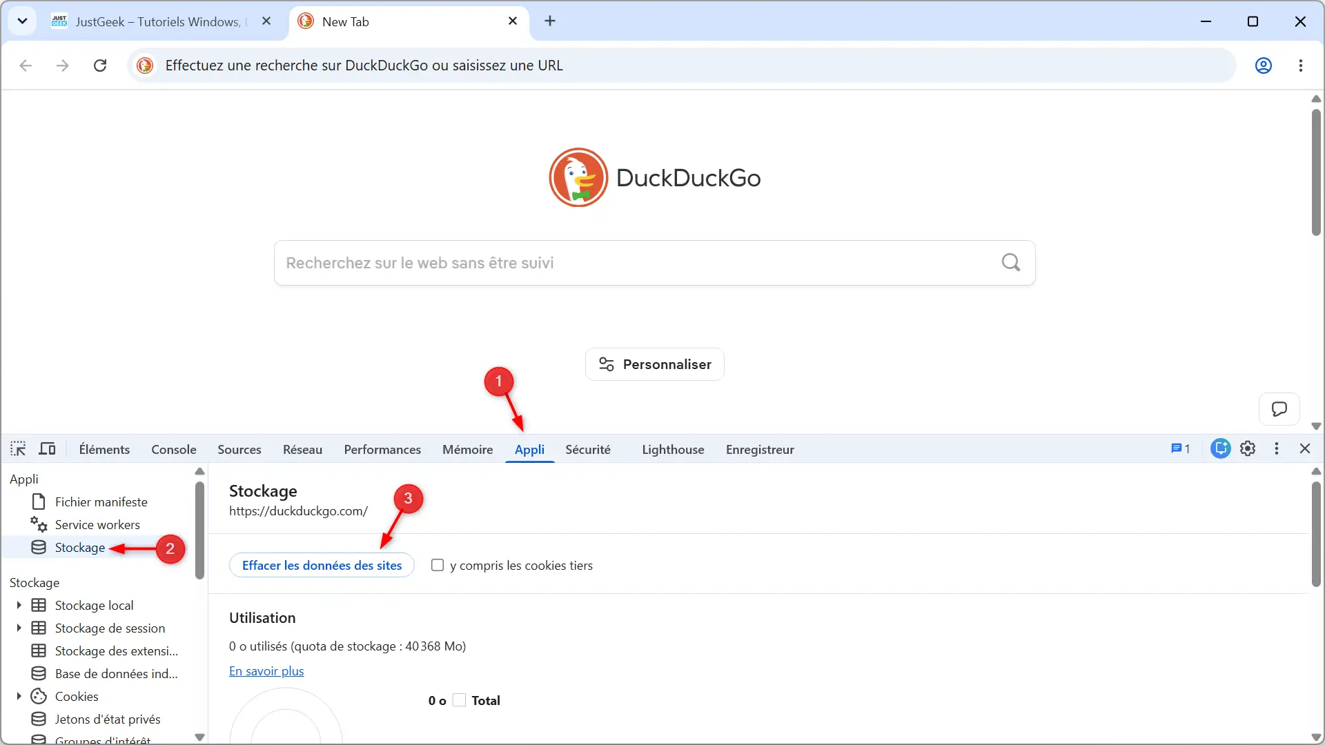 Accéder à la section Stockage depuis l'onglet Application des outils de développement de Google Chrome
