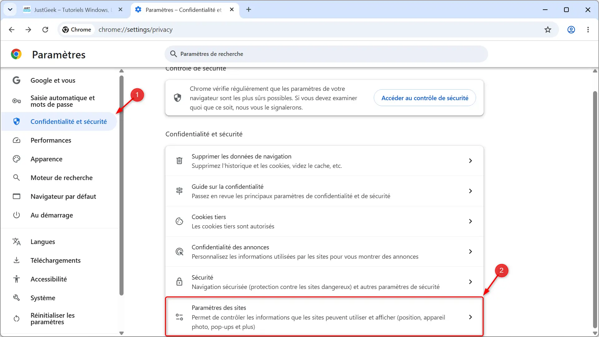 Accéder aux paramètres du site dans la section Confidentialité et sécurité de Google Chrome