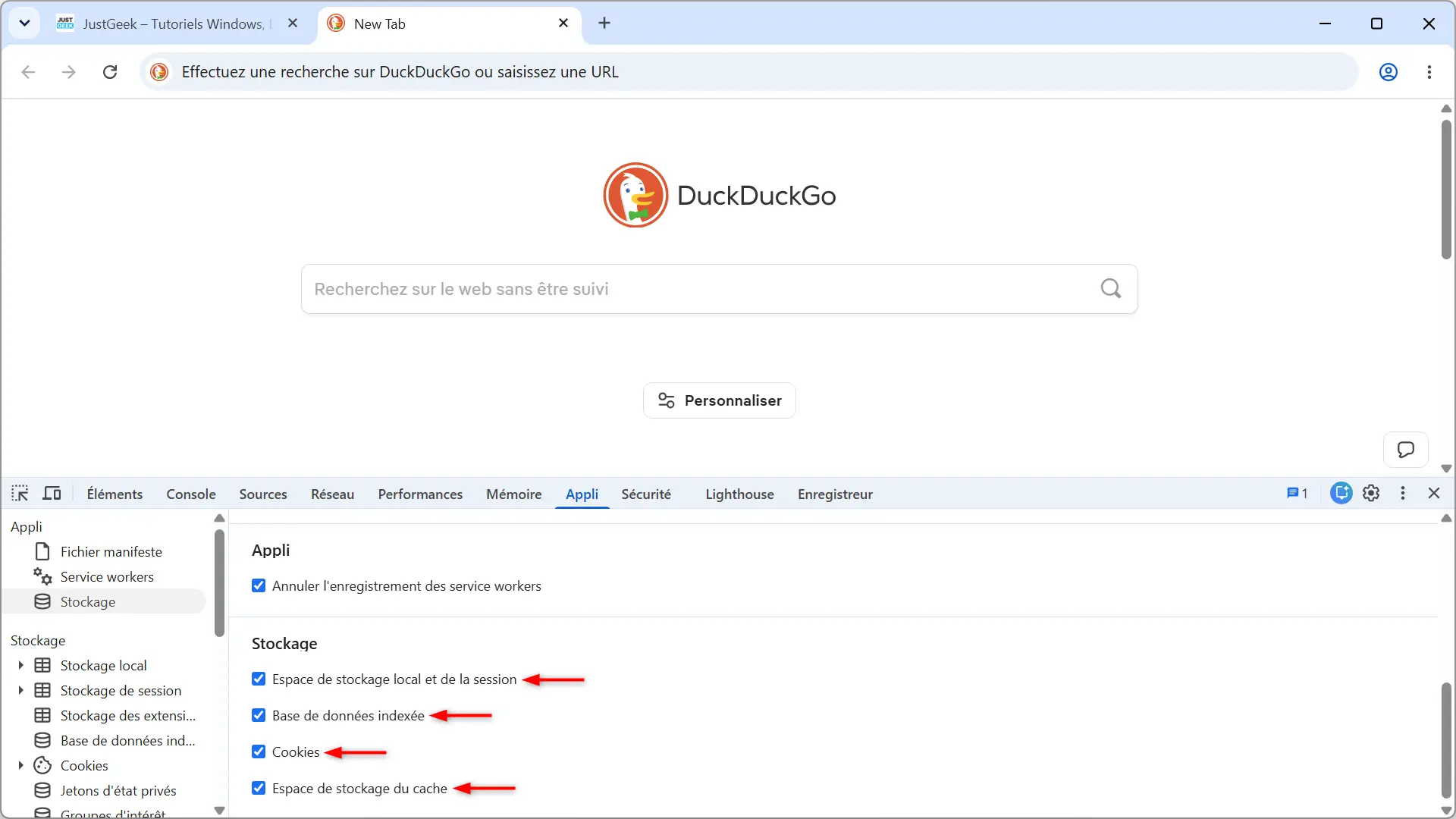 Sélection des types de données à supprimer pour un site Web dans les outils de développement Google Chrome