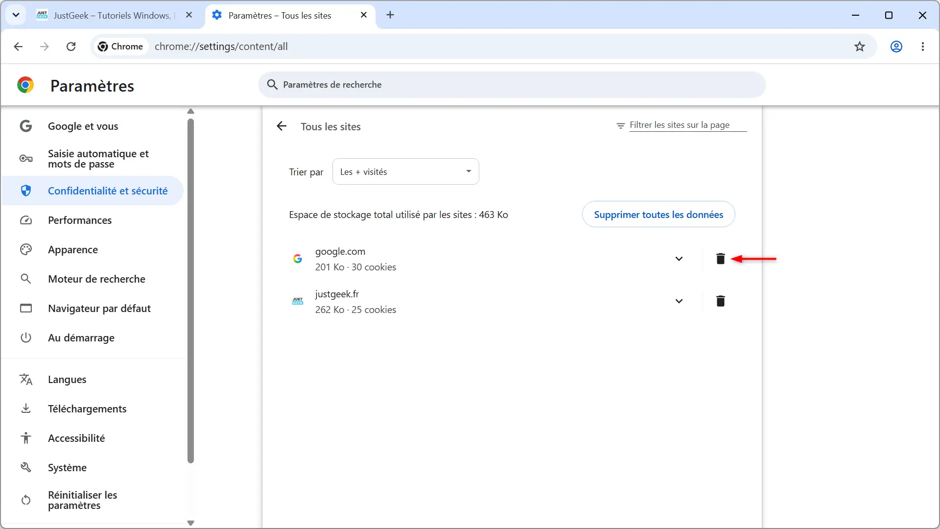 Suppression des cookies et des données enregistrées pour un site Web des paramètres de Google Chrome