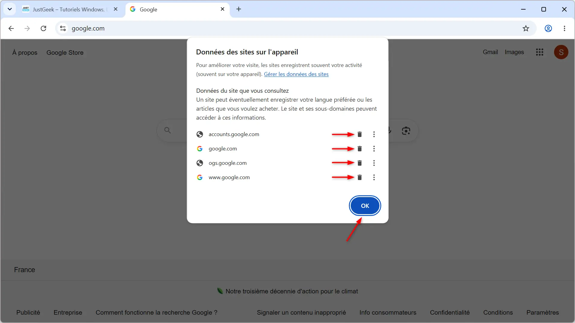 Suppression des cookies et des données de sites Web dans Google Chrome