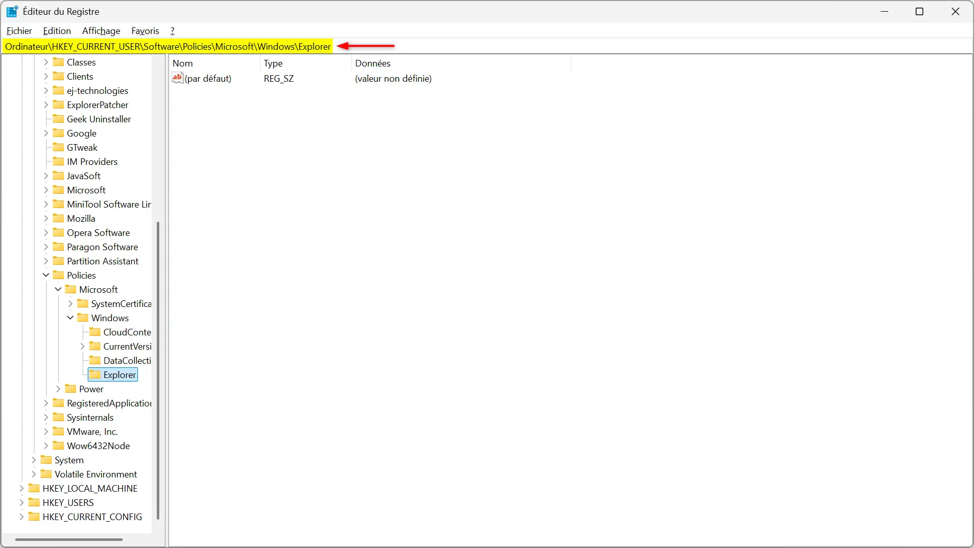 Clé de l'explorateur ouverte dans l'éditeur de registre Windows 11
