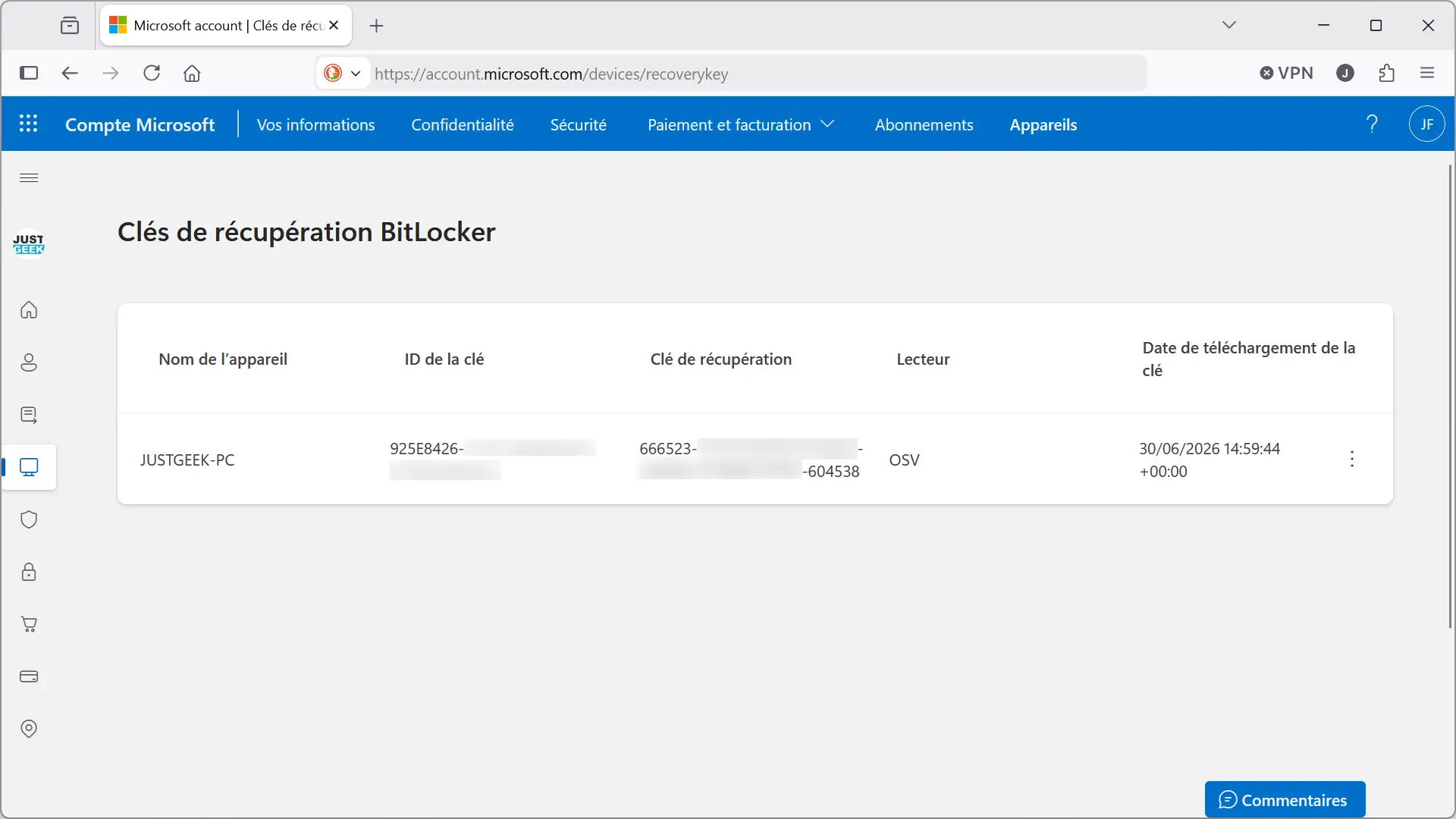 Page de compte Microsoft affichant les clés de récupération BitLocker associées à un ordinateur