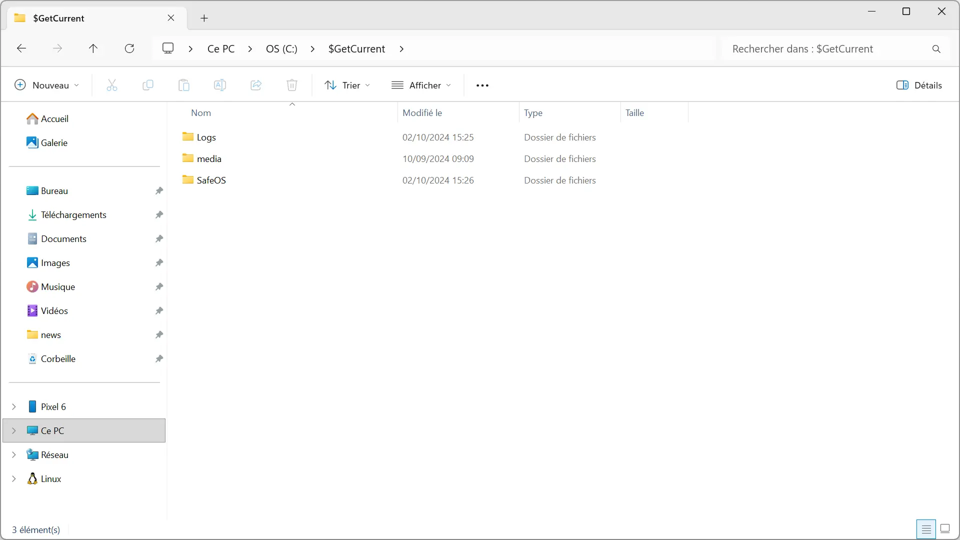 Contenu du dossier $GetCurrent avec les sous-dossiers Logs, media et SafeOS sous Windows