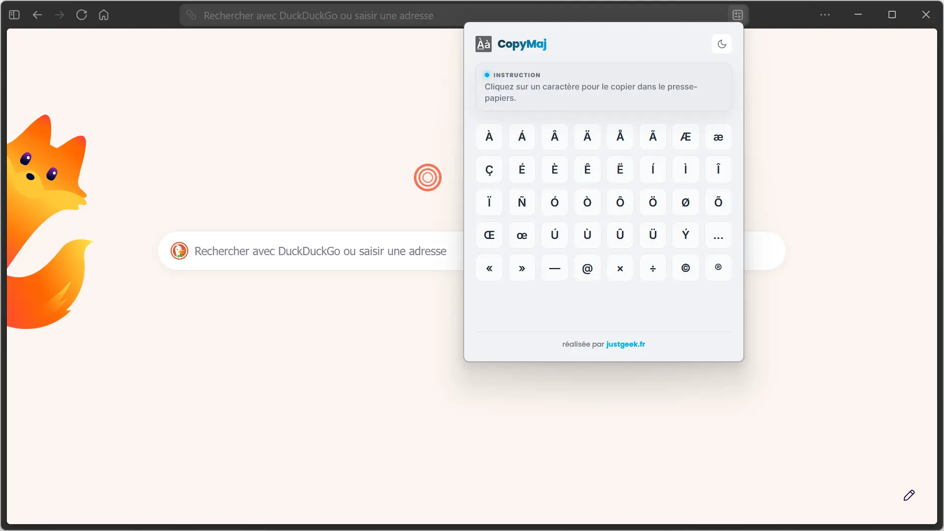 Interface de l'extension CopyMaj ouverte dans Firefox permettant de copier les majuscules accentuées et les caractères spéciaux en un clic