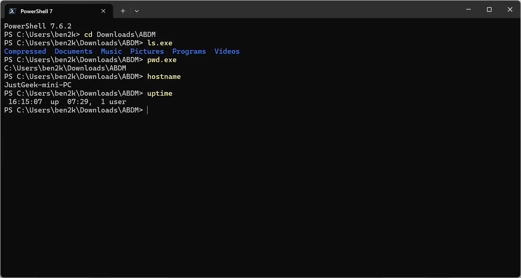 Utilisation des commandes Linux ls, pwd, hostname et uptime avec Coreutils pour Windows dans PowerShell sous Windows 11