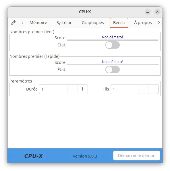Onglet CPU-X Benchmark pour tester les performances du processeur