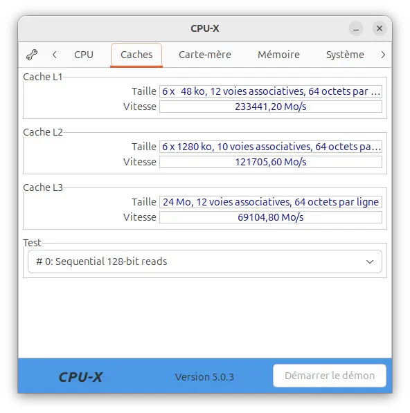 Onglet Caches CPU-X affichant les caches des processeurs L1, L2 et L3