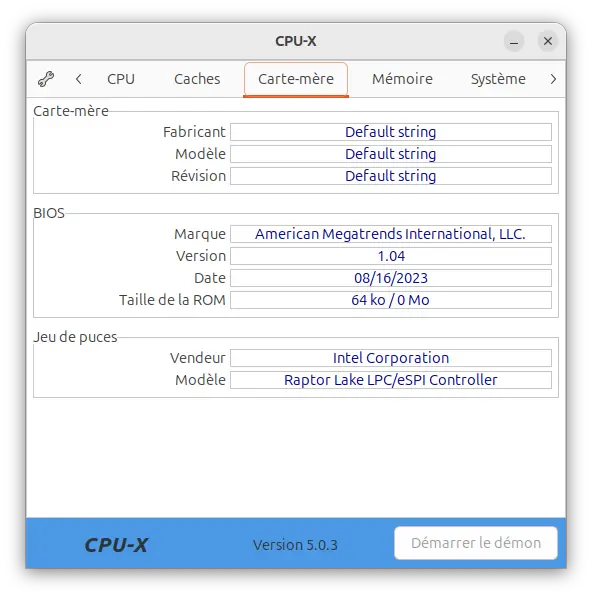 Onglet Carte mère CPU-X avec informations sur le BIOS et le chipset