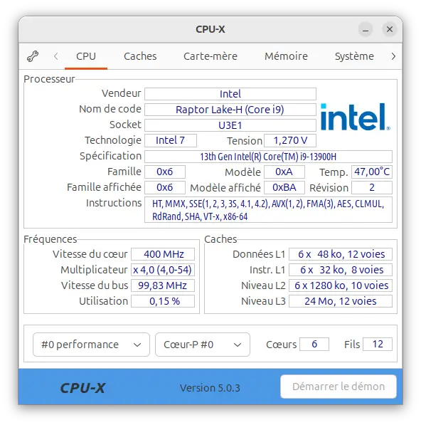 Onglet CPU de CPU-X affichant les informations sur le processeur sous Linux