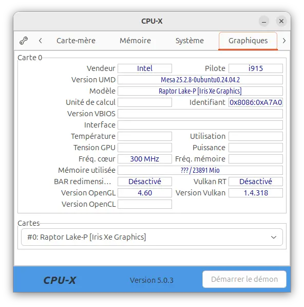 Onglet CPU-X Graphics affichant les informations sur la carte graphique Intel Iris Xe