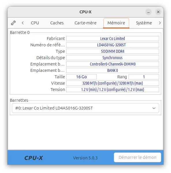 Onglet Mémoire CPU-X affichant les informations sur le module RAM