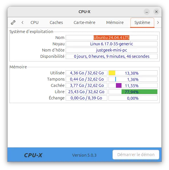 Onglet Système CPU-X affichant Ubuntu, le noyau Linux et l'utilisation de la mémoire
