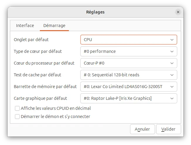 Fenêtre des paramètres de démarrage du CPU-X avec options d'onglet par défaut