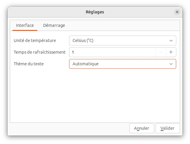 Fenêtre de paramètres CPU-X avec options d'interface et d'affichage