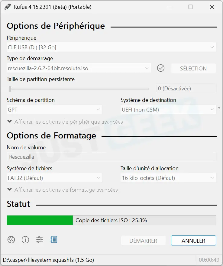 Copier les fichiers Rescuezilla sur la clé USB avec Rufus