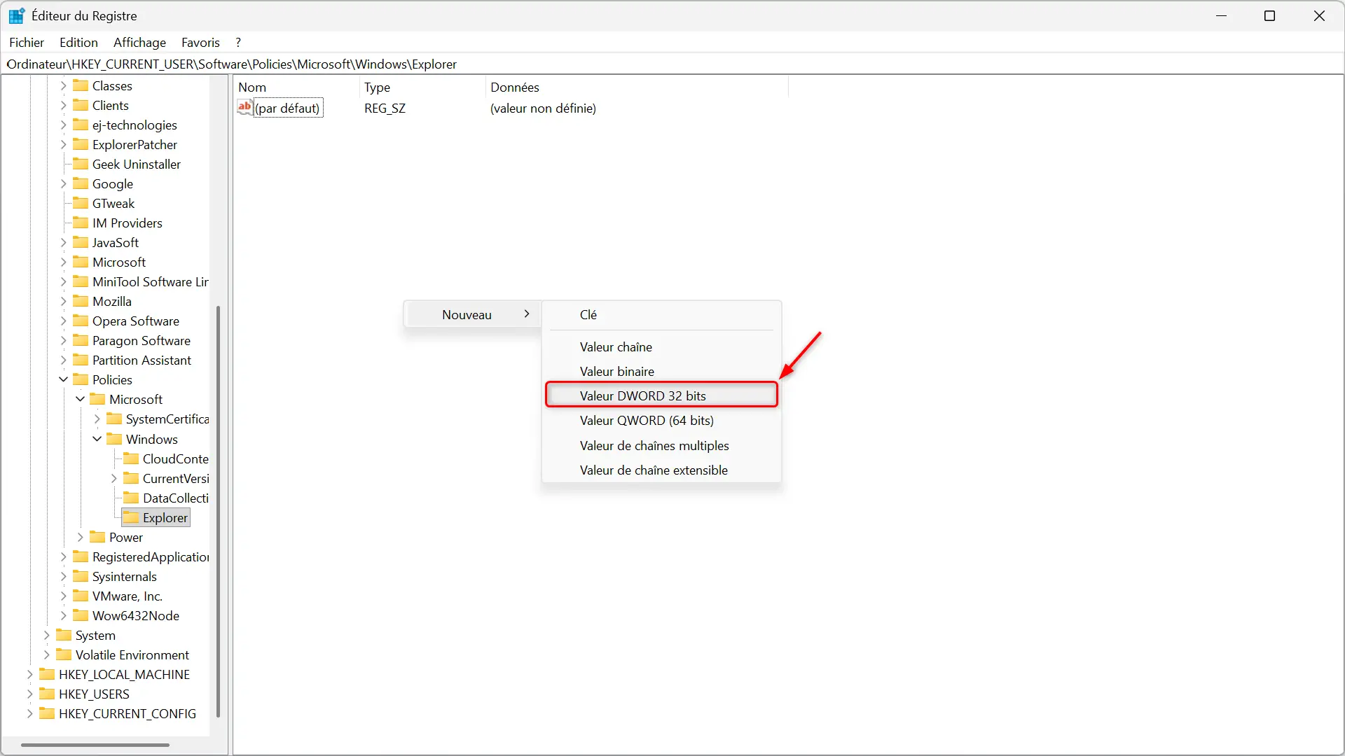 Création d'une valeur DWORD 32 bits dans le registre Windows pour désactiver les résultats Bing