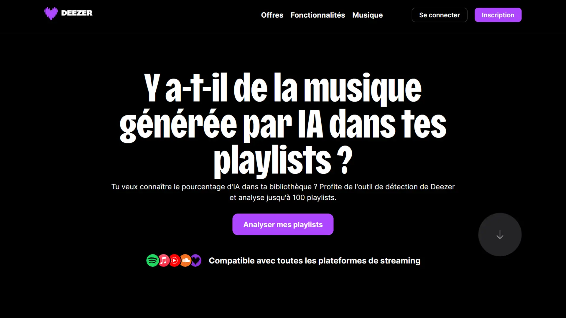 Page d'accueil de l'outil AI Music Detector de Deezer permettant d'analyser vos playlists pour détecter les musiques générées par l'intelligence artificielle