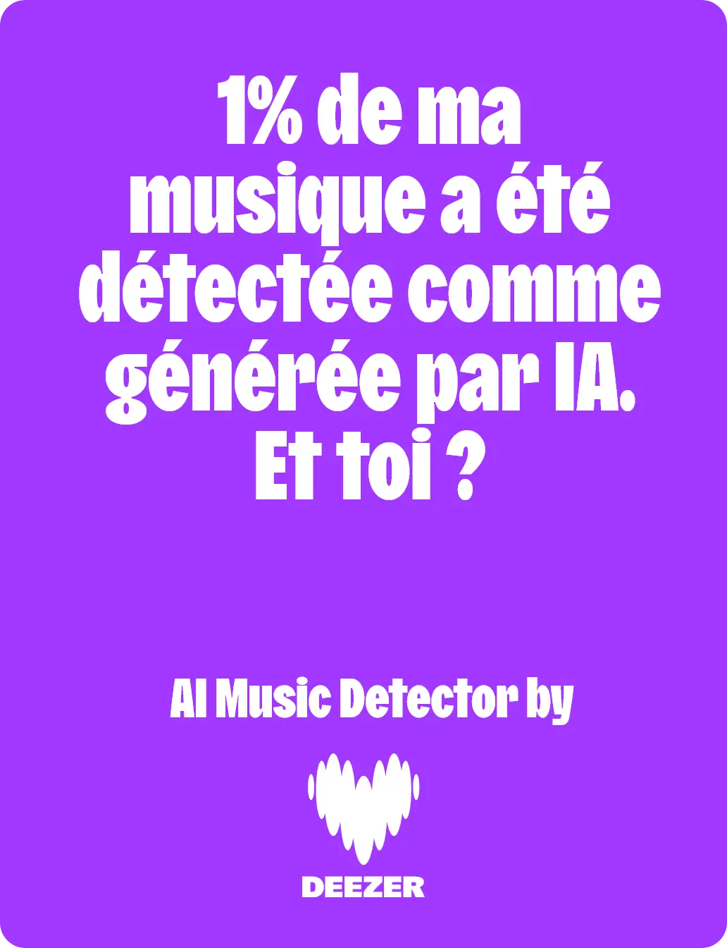 Partager la carte générée par le détecteur de musique IA de Deezer montrant que 1 % de la musique analysée a été détectée comme étant générée par l'IA
