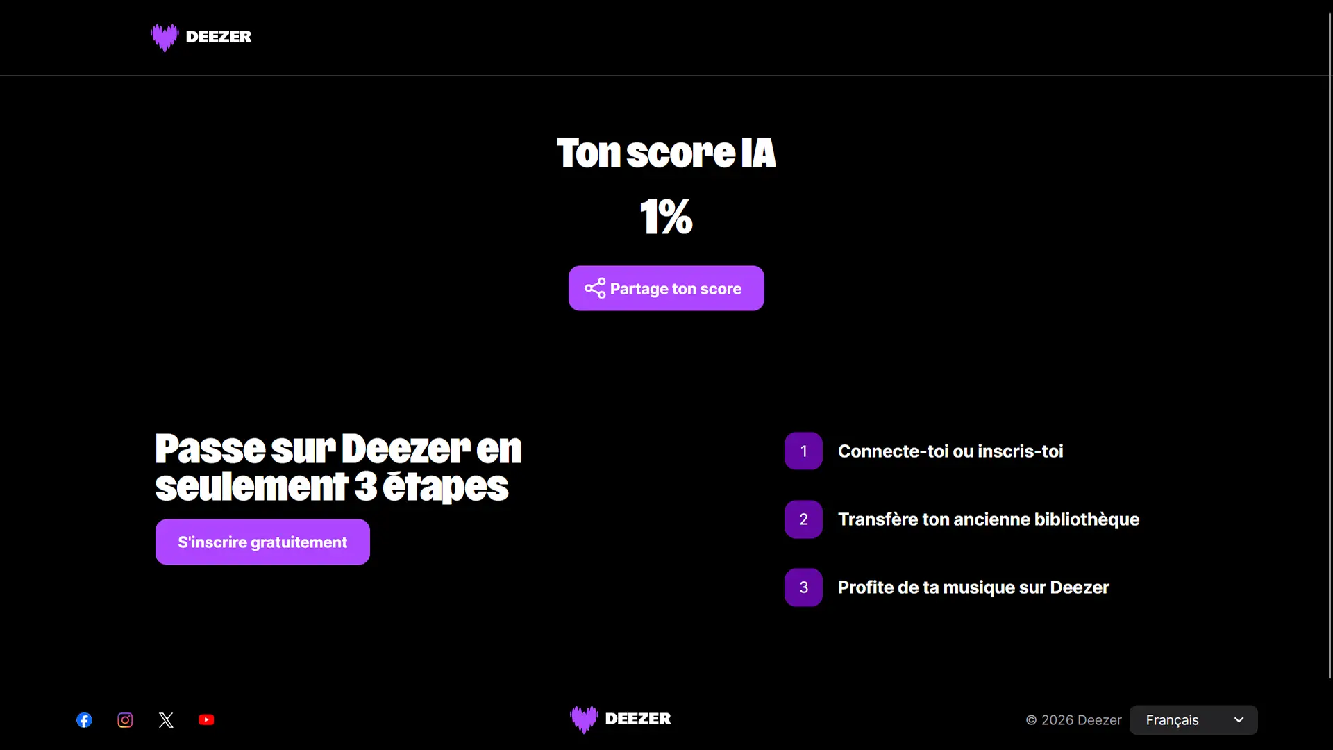 Résultat de l'analyse du Deezer AI Music Detector montrant 1 % de partition musicale générée par l'IA dans la bibliothèque musicale