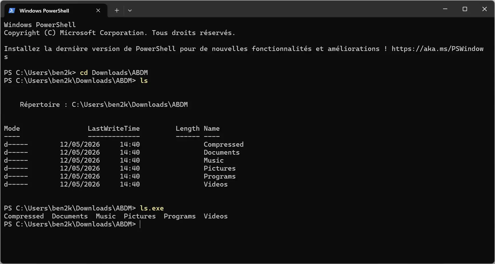 Comparaison entre la commande PowerShell ls et Coreutils pour Windows ls.exe sous Windows 11