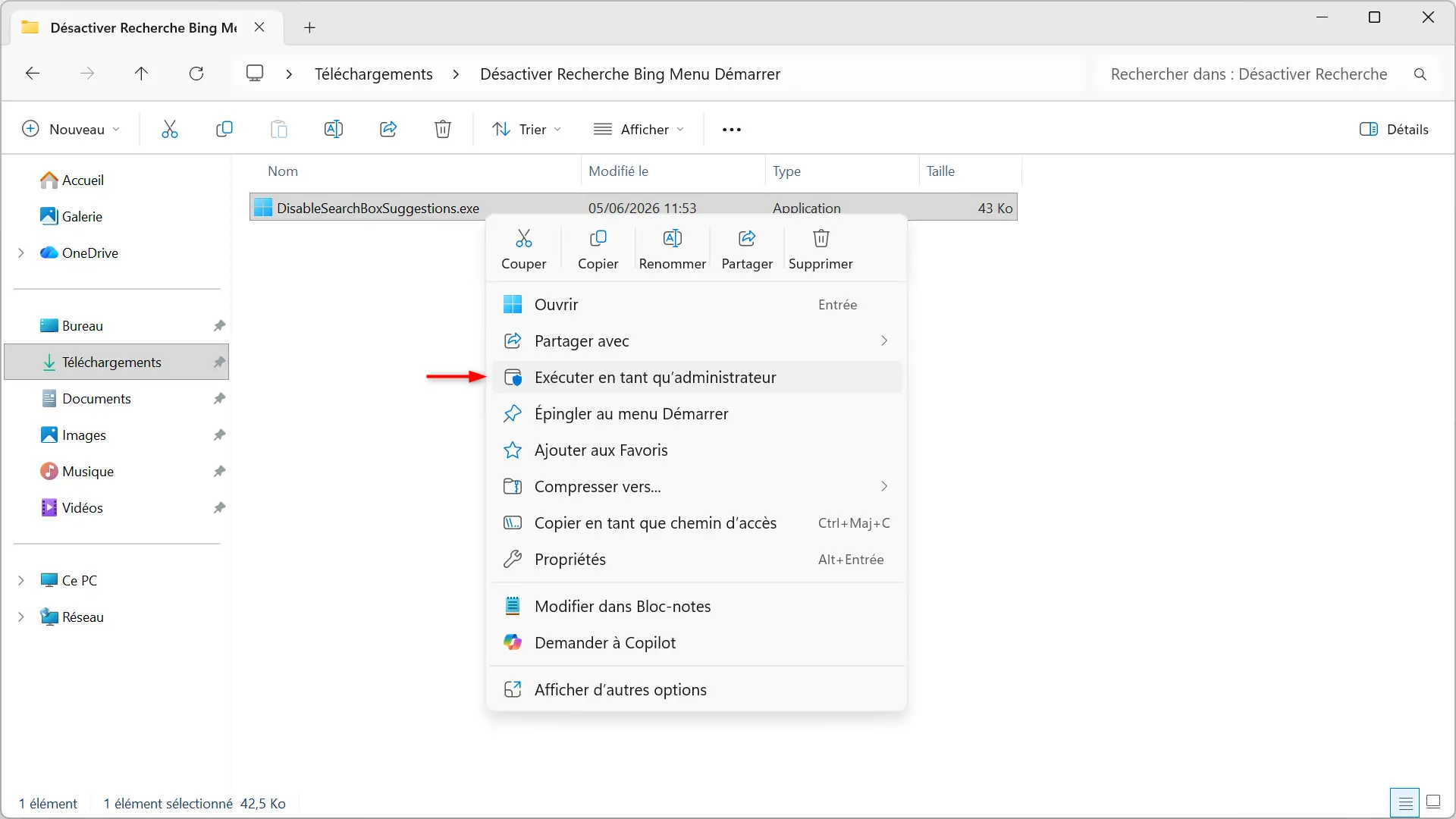 Exécution de Désactiver les suggestions de zone de recherche en tant qu'administrateur sous Windows 11