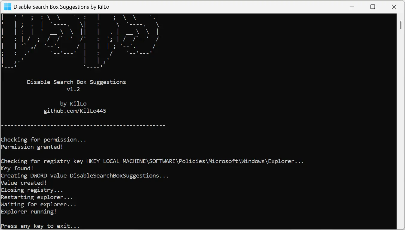 Désactiver les suggestions de zone de recherche applique automatiquement la modification du registre dans Windows 11