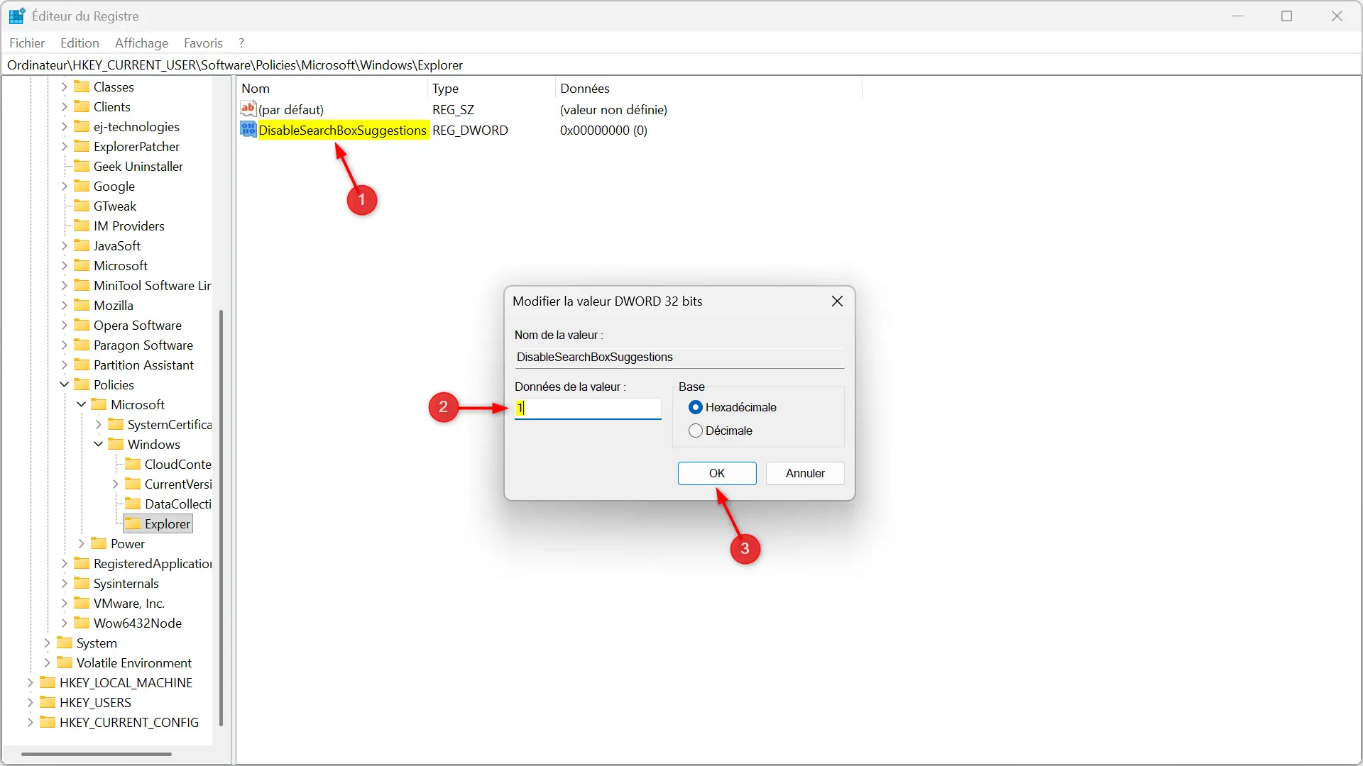 Définition de la valeur DisableSearchBoxSuggestions sur 1 dans le registre Windows