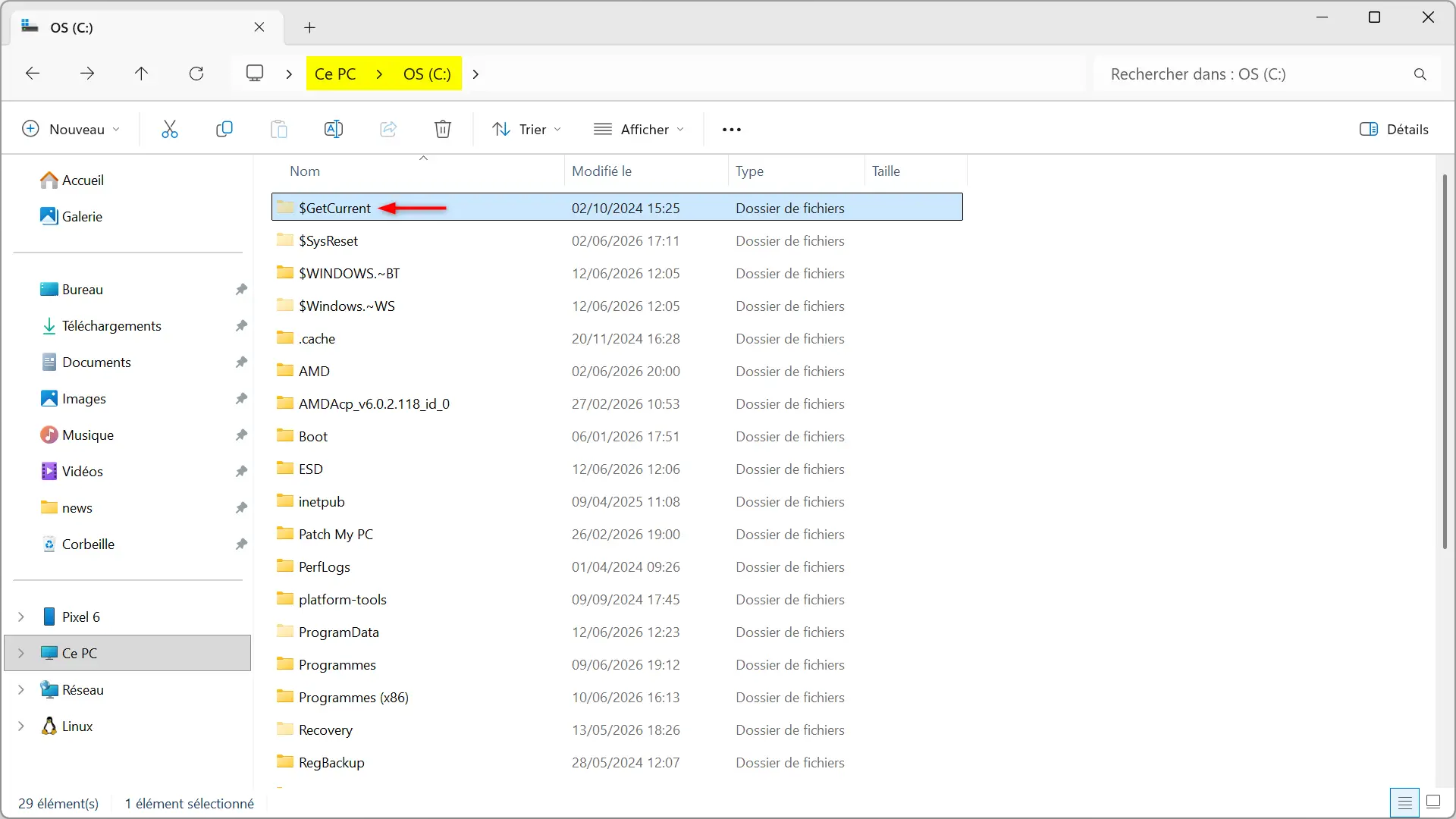 Dossier $ GetCurrent visible à la racine du lecteur C dans l'Explorateur de fichiers Windows