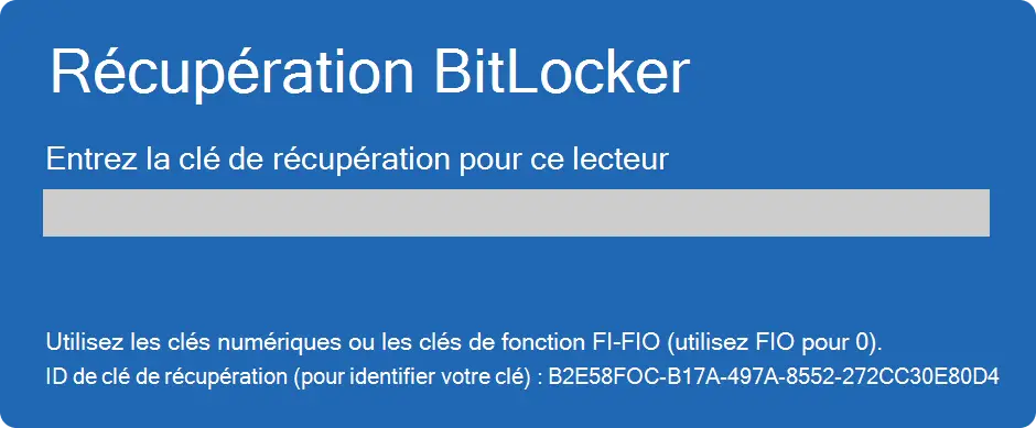 Écran de récupération BitLocker demandant la clé de récupération avec l'ID de clé affiché